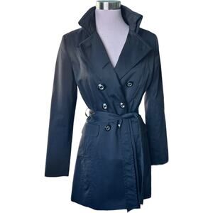 NWOT $250 WHBM Black Sateen Sash Belted Double Breasted Trench Coat Size SMALL